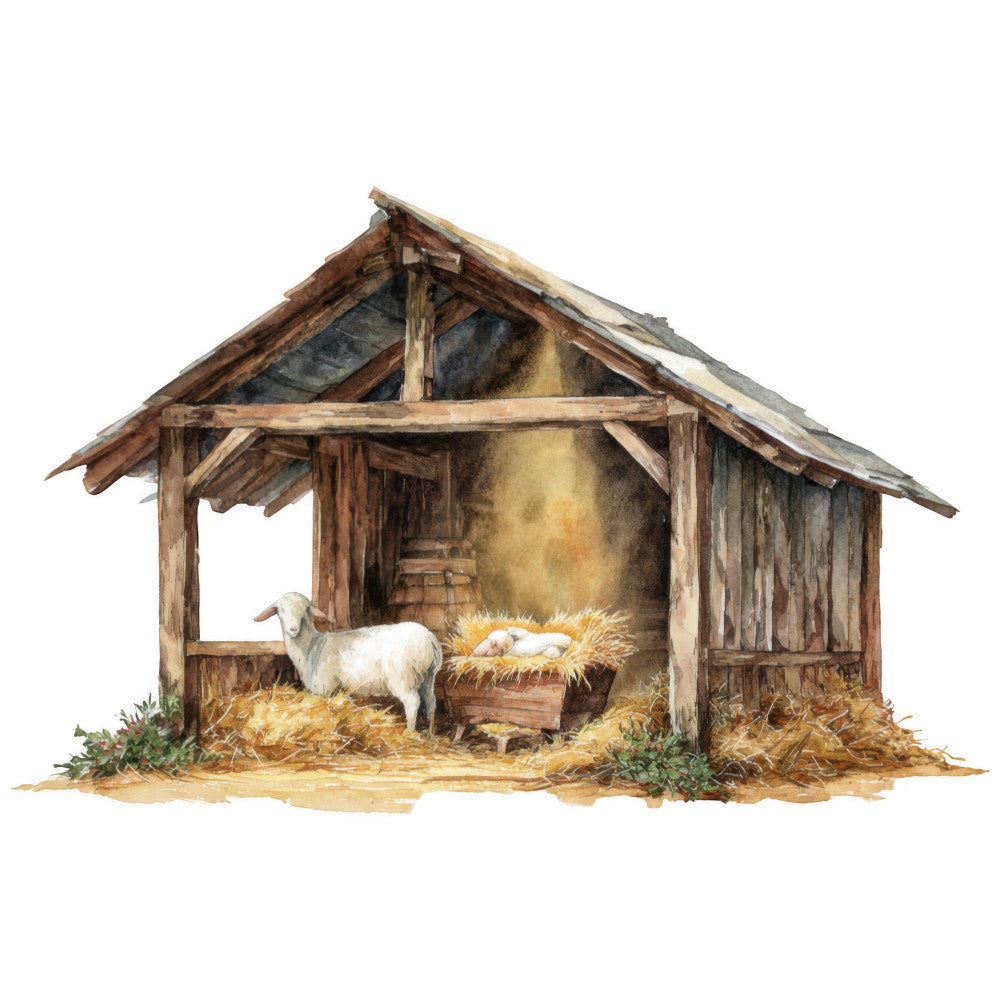 nativity scene, stable, manger, baby jesus, lamb, sheep, wooden structure, hay, straw, brown tones, golden yellow, warm colors, rustic barn, biblical scene, christmas theme, religious imagery, fabric panel, watercolor style, peaceful scene, pastoral setting