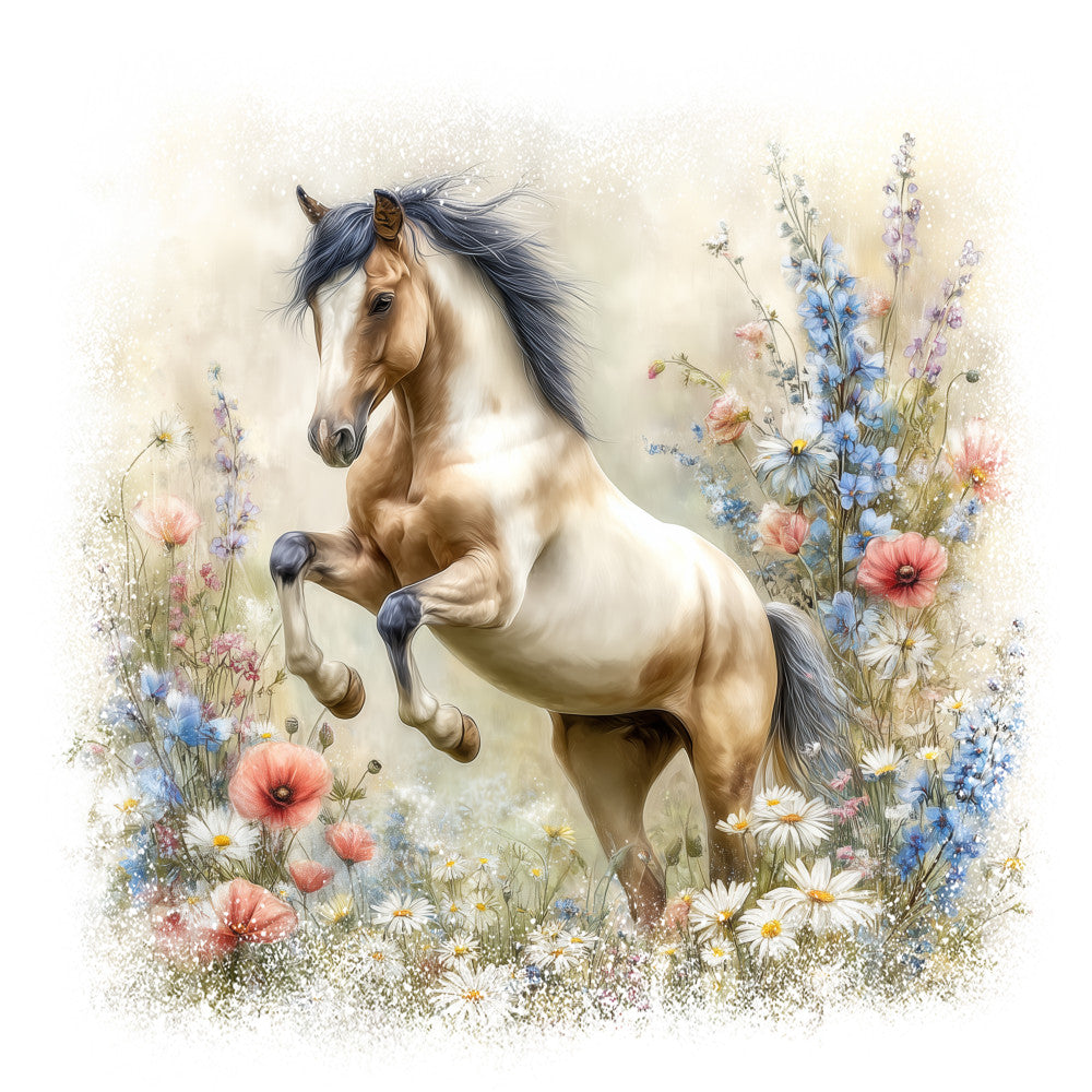 buckskin horse, rearing horse, wildflowers, meadow scene, cream background, soft pink poppies, blue cornflowers, white daisies, lavender blooms, flowing mane, equestrian art, watercolor style, dreamy atmosphere, fabric panel, quilting cotton, nature scene, floral border, realistic horse, pastoral setting, gentle colors