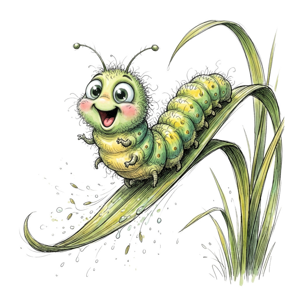 caterpillar, green, yellow, nature, whimsical, children, insects, bugs, adorable, cute, playful, grass, leaves, spring, summer, fantasy, storybook, illustration, charming, animal, botanical, garden, cheerful, innocent, nursery, kid-friendly, character, colorful, lime green, sage green