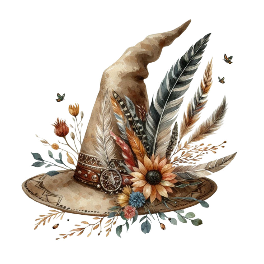 witch hat, autumn, fall, harvest, boho, bohemian, rustic, woodland, nature, floral, feathers, flowers, butterflies, earthy tones, tan, brown, cream, burnt orange, dusty blue, sage green, whimsical, magical, celestial, vintage, folk art, daisy, dried flowers, botanical, ethereal, cottagecore