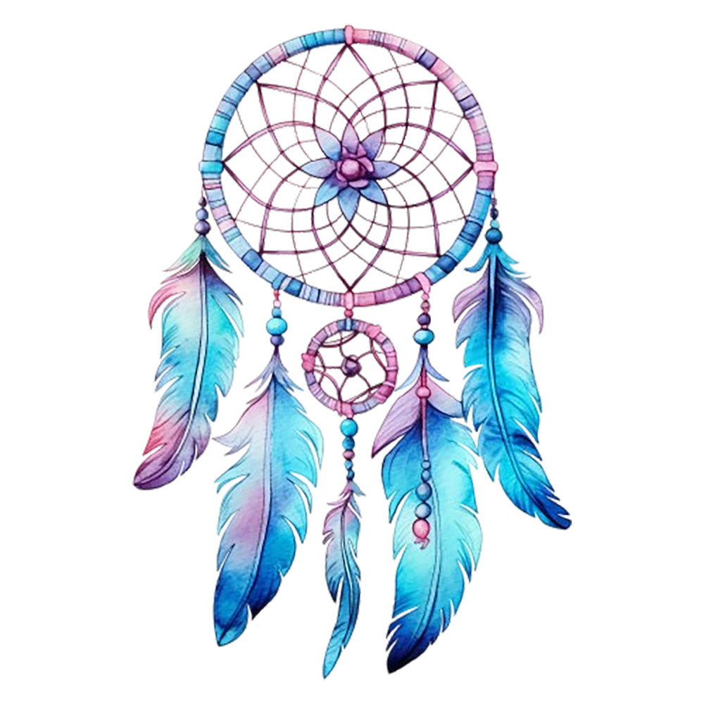 Watercolor Dream Catcher Fabric Panel 5 with detailed blue and purple feathers printed on premium quilting cotton.