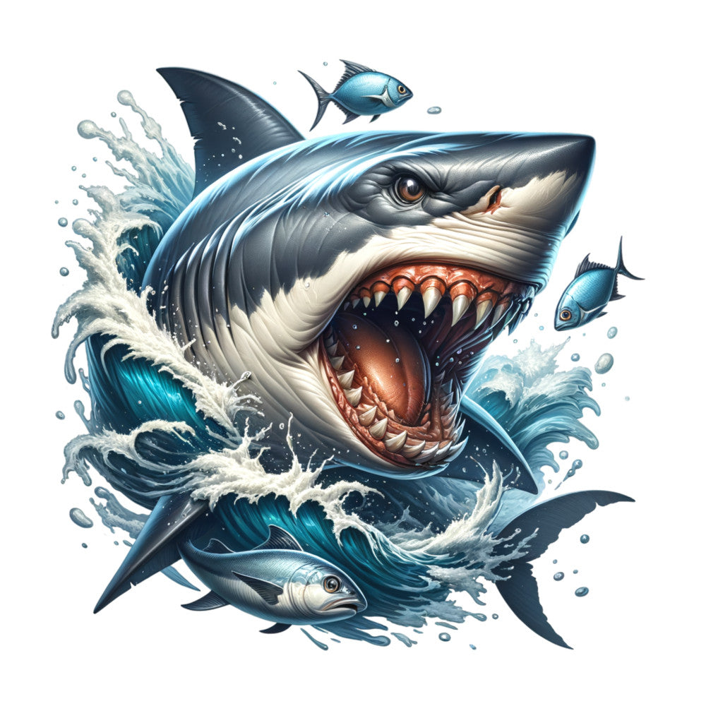 angry shark, great white shark, ocean scene, water splash, marine life, small fish, open jaws, sharp teeth, fabric panel, quilting cotton, sea creatures, underwater theme, blue tones, turquoise water, white foam, dramatic artwork, predator fish, ocean waves, nautical design, realistic illustration