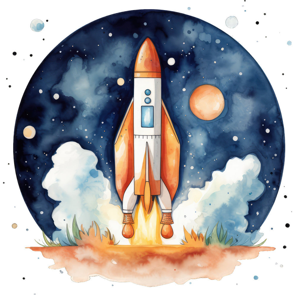 navy blue, orange, white, cream, coral, space, rocket, celestial, stars, planets, clouds, whimsical, modern, adventure, exploration, sci-fi, science fiction, outer space, launch, futuristic, children's, kids, playful, fantasy, cosmic, galaxy, moon, sun, novelty, themed panel