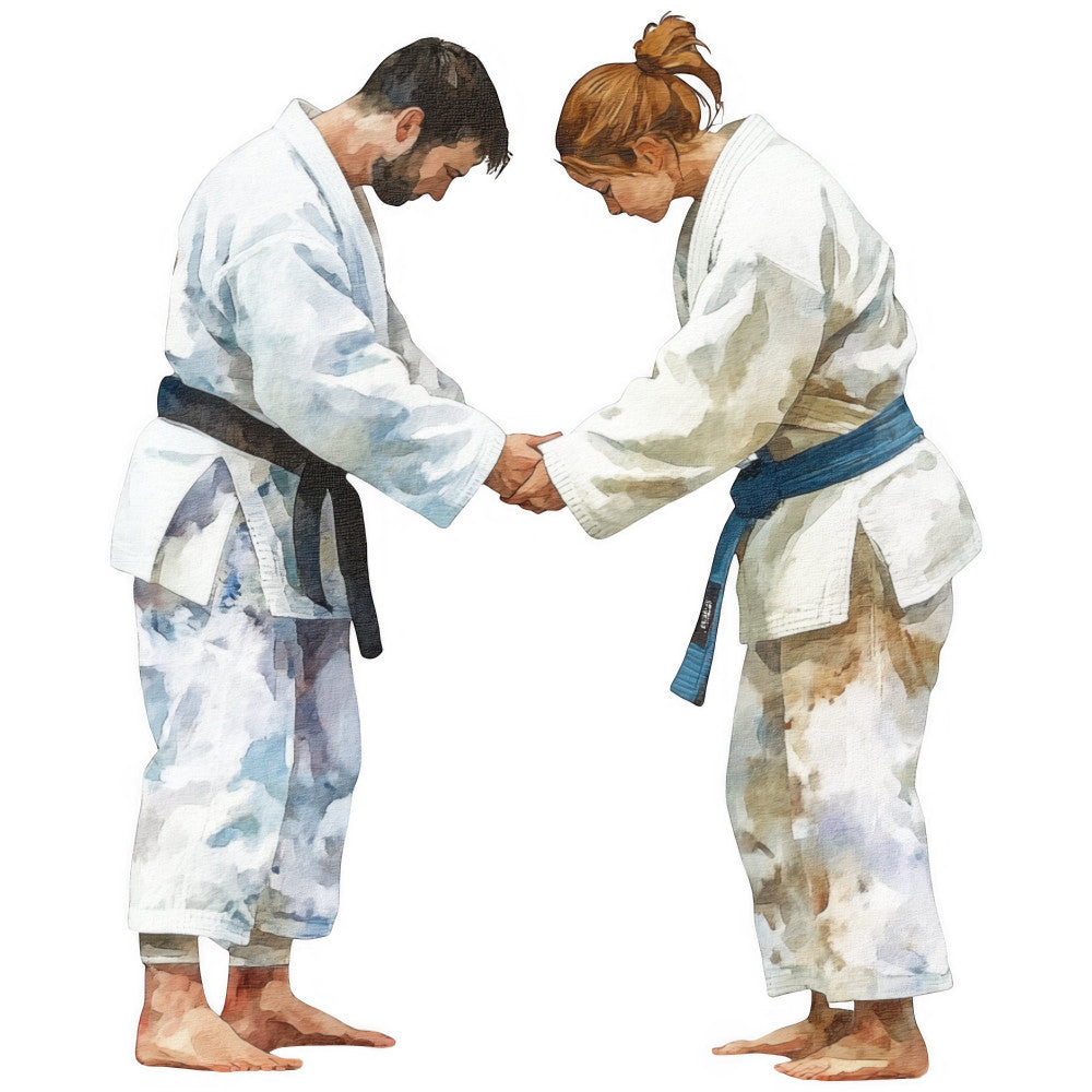 martial arts, karate, judo, sports, athletic, people, figures, action poses, watercolor, realistic, portrait, blue belt, black belt, traditional, cultural, asian inspired, neutral tones, cream, white, tan, beige, blue accents, instructional, educational, discipline, training, giclee art, contemporary, unisex, active wear