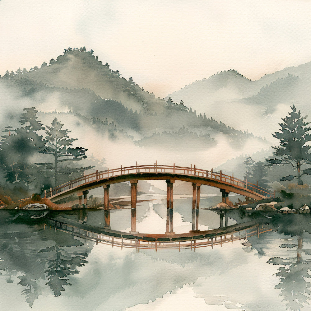 asian landscape, misty mountains, wooden bridge, nature scene, traditional art, serene water, forest green, sage green, soft gray, cream, beige, taupe, muted tones, zen aesthetic, peaceful, elegant, vintage style, oriental, Japanese inspired, ink painting, landscape art, pagoda, trees, water reflection, contemplative, tranquil, botanical, artistic, wall hanging, home decor