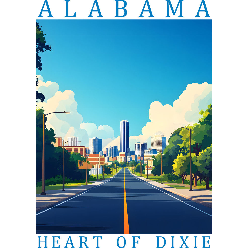 fabric panel, alabama, cityscape, road scene, blue sky, white clouds, green trees, orange yellow line, urban skyline, buildings, street view, travel poster, state pride, southern, quilting cotton, bright blue, cream clouds, leafy trees, power lines, downtown vista