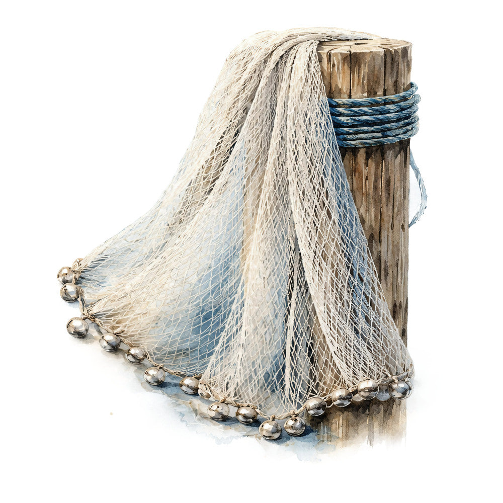 fishing net, nautical, coastal, beach, ocean, seaside, rustic, vintage, weathered wood, post, rope, metal bells, cream, beige, tan, gray, blue, neutral tones, cottage, farmhouse, maritime, coastal living, decorative, wall hanging, home decor, fishing theme, seaside cottage, weathered, distressed, traditional