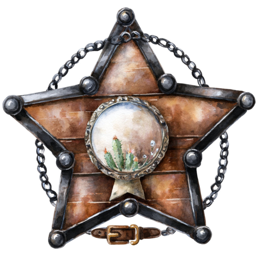 western star, steampunk, cactus, desert theme, brown leather, bronze metal, chain detail, vintage western, industrial style, southwestern, rustic, boho, earth tones, tan, bronze, cream, sage green, star motif, globe design, adventurous, eclectic, mixed media, nature inspired, botanical, ornamental, novelty print, unique design, collectible panel