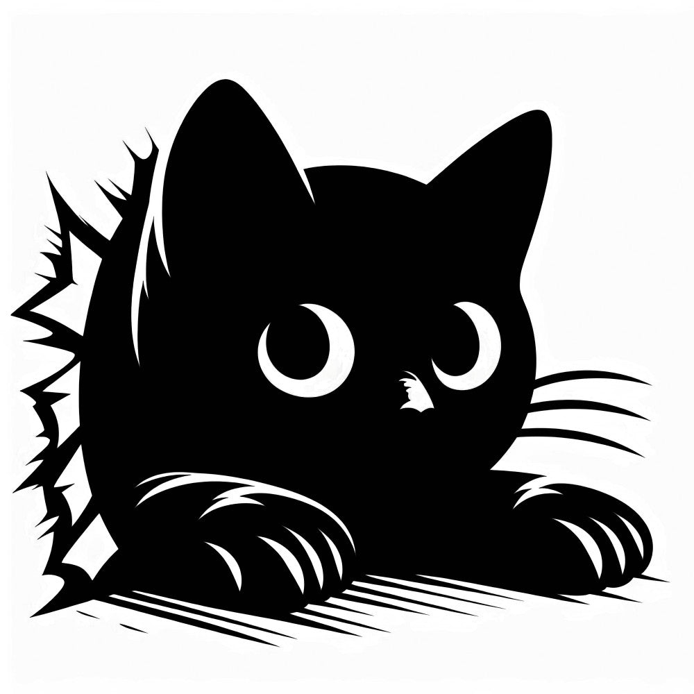 black cat, white eyes, peeking cat, silhouette design, monochrome, black and white, crescent moon eyes, whiskers, cat paws, thorny branch, minimalist art, cute kitten, fabric panel, quilting cotton, animal motif, feline design, contrasting colors, graphic illustration, cat lover, pet themed
