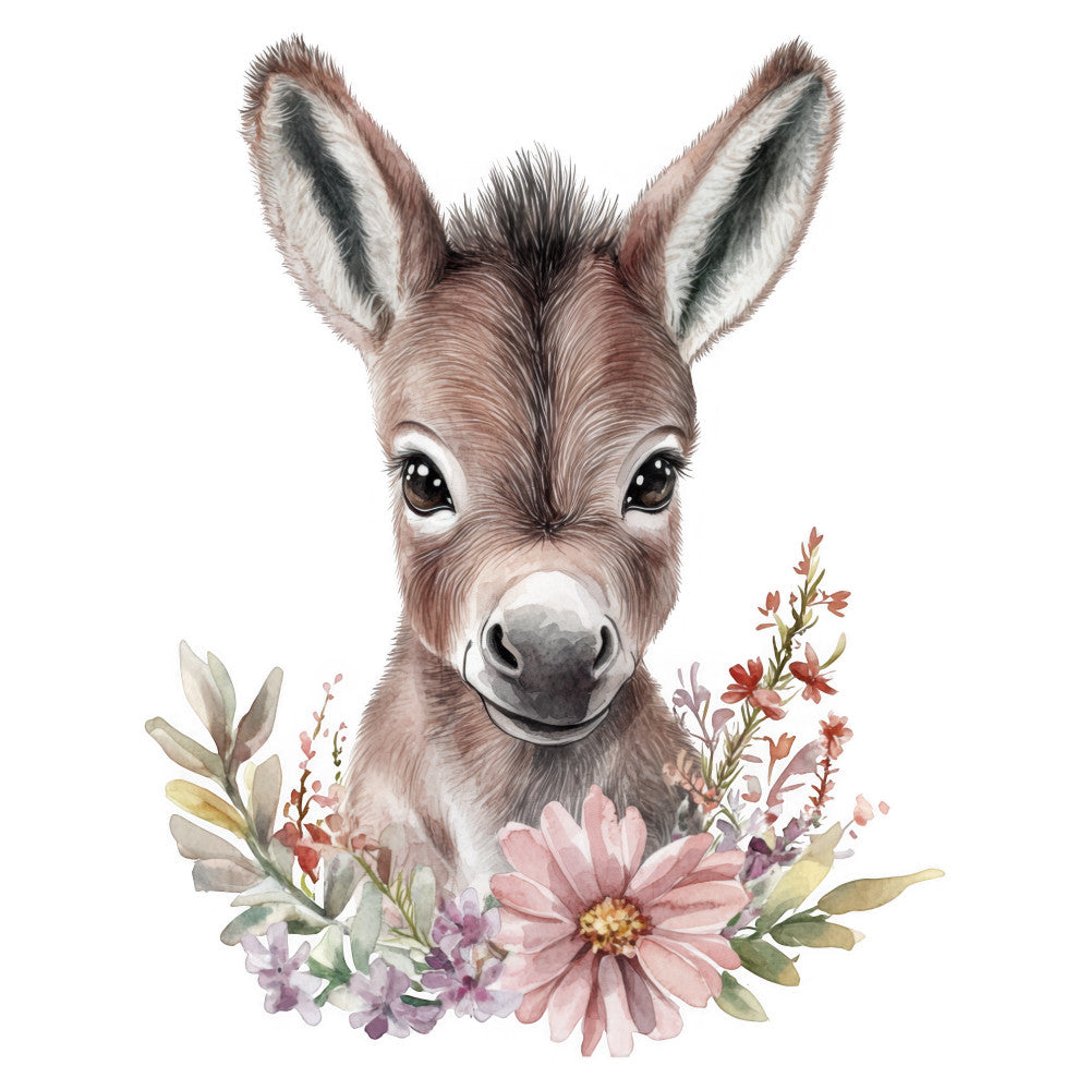 donkey, animal, floral, watercolor, whimsical, nursery, baby, woodland, farmhouse, nature, soft colors, dusty rose, blush pink, taupe, cream, sage green, purple, botanical, daisy, spring, pastoral, gentle, sweet, children's, adorable, cute, rustic charm, cottage core, boho, delicate flowers
