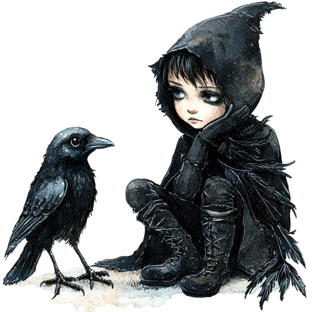 black, charcoal gray, dark gray, gothic, whimsical, dark whimsy, birds, ravens, crows, children, girl, boots, feathers, moody, enchanted, fairytale, storybook, fantasy, dark fantasy, illustration art, contemporary, artistic, autumn, winter, mysterious, dark aesthetic, nature, wildlife