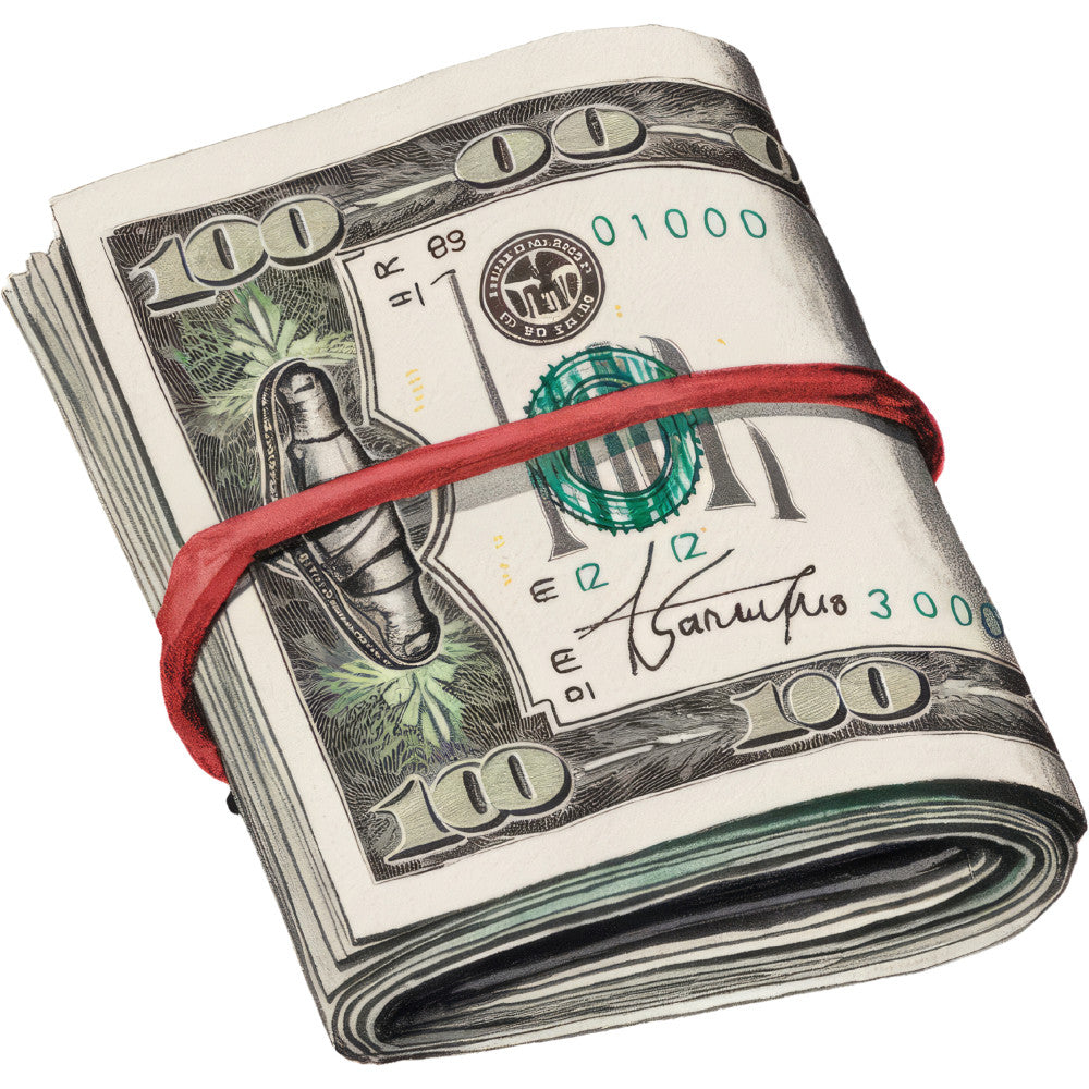 money roll, hundred dollar bills, red rubber band, green ink, currency design, cash bundle, folded bills, benjamin franklin, federal reserve seal, financial theme, realistic illustration, detailed engraving, banking motif, wealth imagery, paper money, dollar stack, fabric panel, quilting cotton