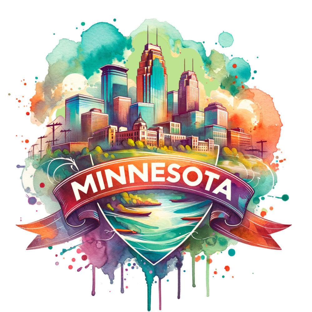 US States Retro Travel Fabric Panel 33 featuring a colorful watercolor illustration of Minnesota skyline and river scene.