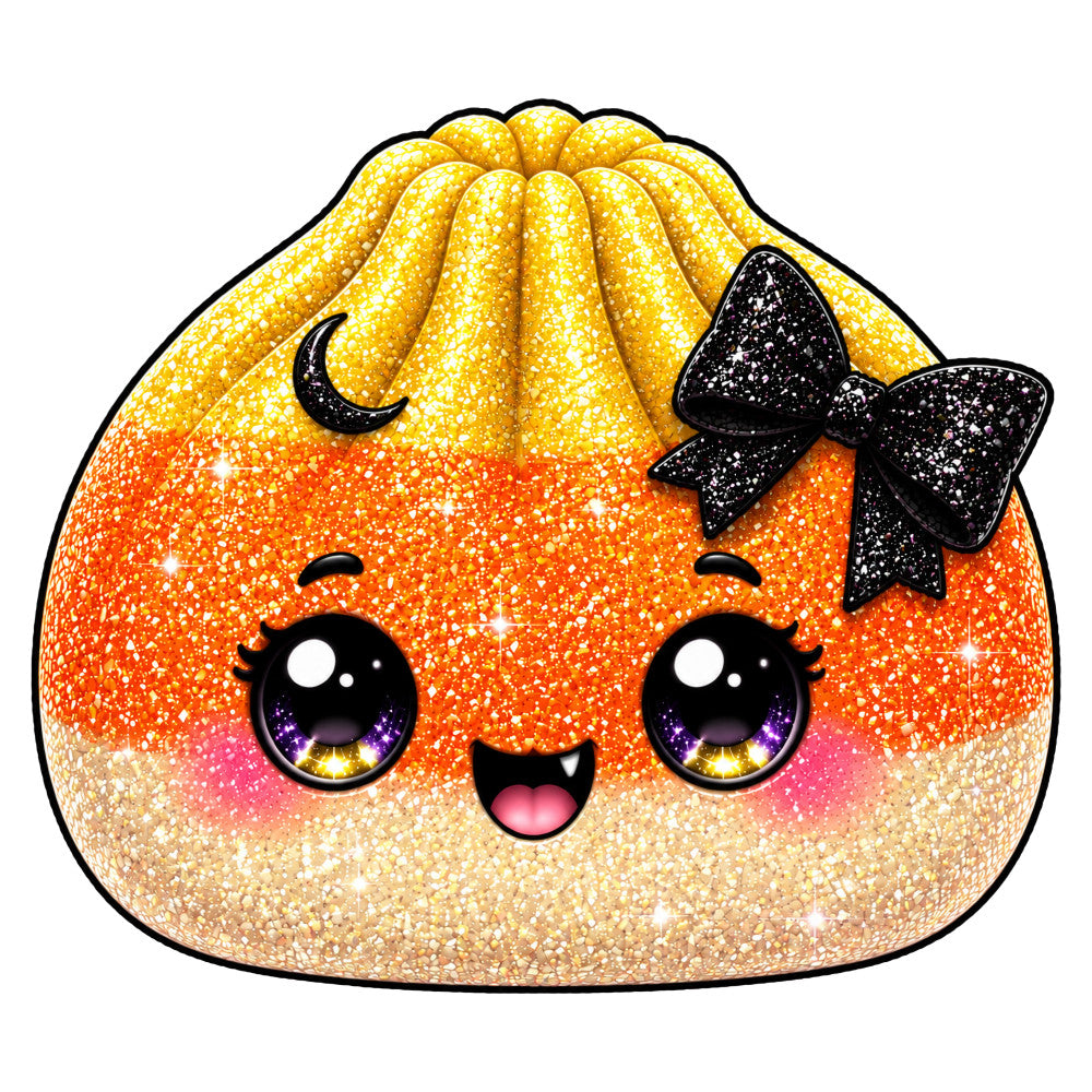 sparkly, glitter, gold, orange, black, pink, cute, kawaii, character, whimsical, magical, shiny, sequin, eyes, bow, smiling, happy, playful, kids, children, novelty, fantasy, girly, decorative, stars, moon, celestial, apparel, fashion, embellished