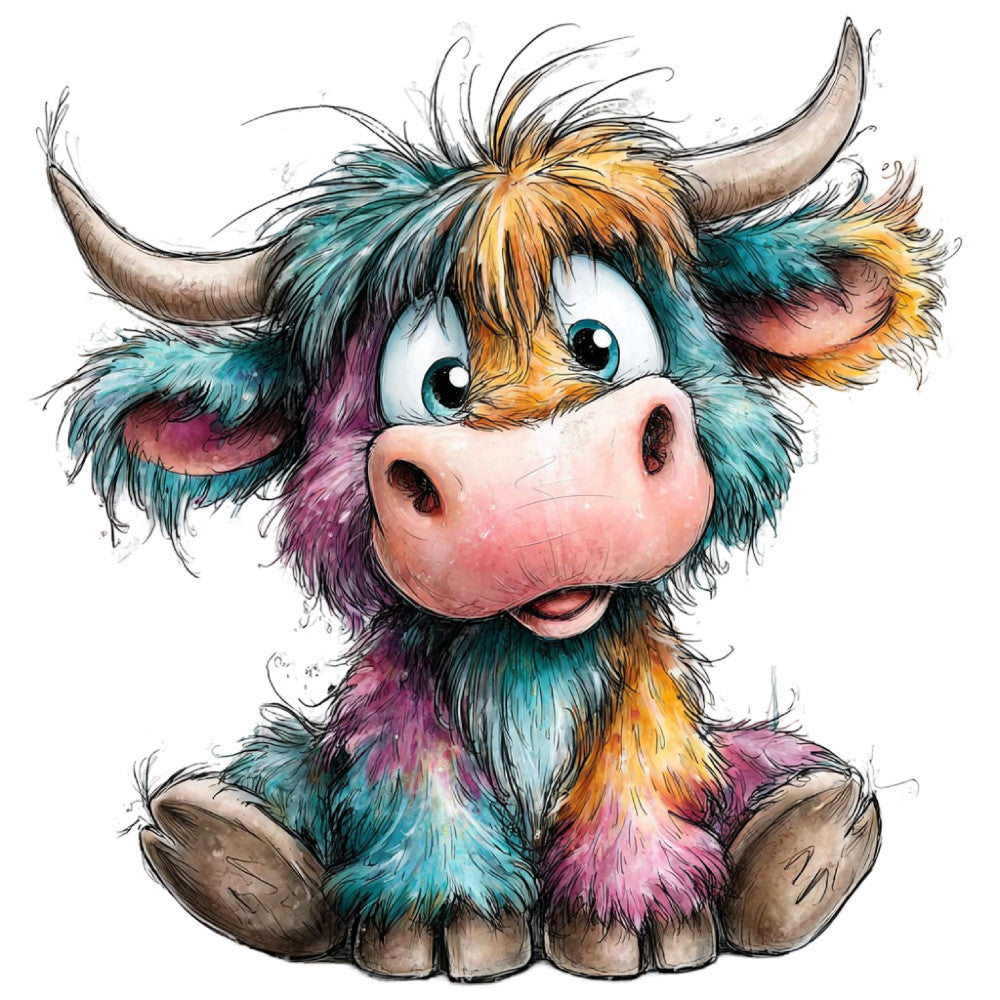 Whimsical Colourful Highland Cow Fabric Panel 40