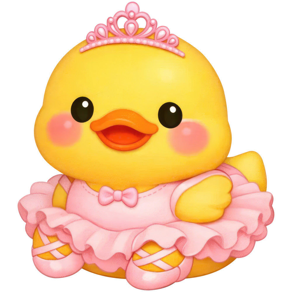 bright yellow, coral pink, princess tiara, cute duck, kawaii style, whimsical, baby theme, nursery, spring, cheerful, playful, animal motifs, children's design, tutu skirt, bow tie, rosy cheeks, sweet, girly, decorative crown, ruffles, pastel pink, happy character, fun, playful animals, baby girl, toddler, adorable, vibrant colors, charming