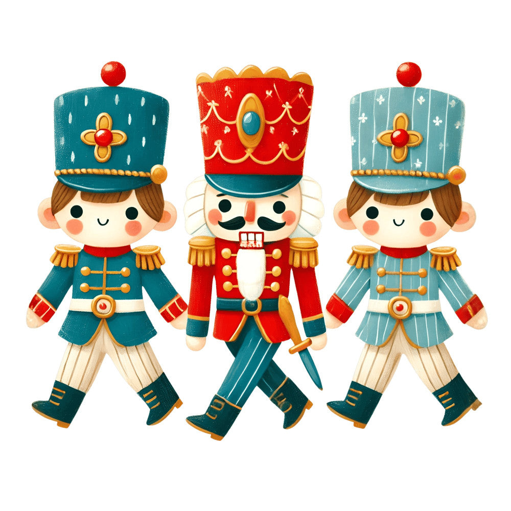nutcracker, soldier, toy soldier, marching band, holiday, christmas, festive, whimsical, children, cute, teal blue, red, gold, cream, decorative buttons, epaulettes, tall hats, military uniform, vintage toy, nostalgic, classic, traditional, formal wear, storybook, fairy tale, winter, season, kids fabric, novelty print, character print