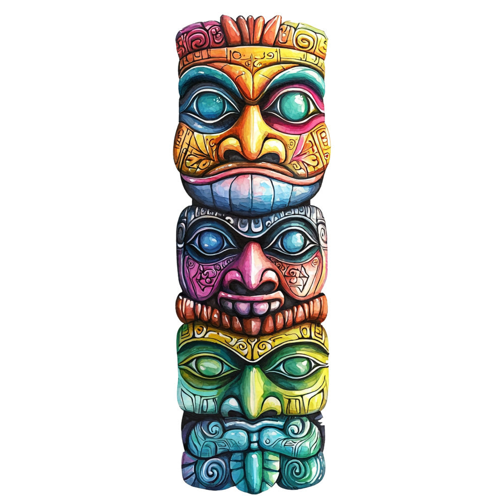 totem pole, tiki faces, vibrant colors, turquoise, orange, purple, green, pink, tribal patterns, polynesian designs, carved wood appearance, stacked masks, fabric panel, quilting cotton, hawaiian theme, tropical motifs, indigenous art style, ceremonial masks, cultural symbols, bright multicolored