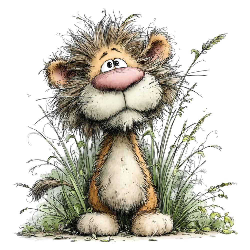 whimsical lion, children's illustration, cartoon animals, nature theme, grass, wildflowers, cream, tan, brown, forest green, sage green, rustic, playful, adorable, cute character, animal face, children's fabric, storybook style, woodland creature, expressive eyes, furry texture, standing animal, botanical elements, spring, summer, baby quilt, nursery decor, wall hanging, illustration art, hand-drawn style