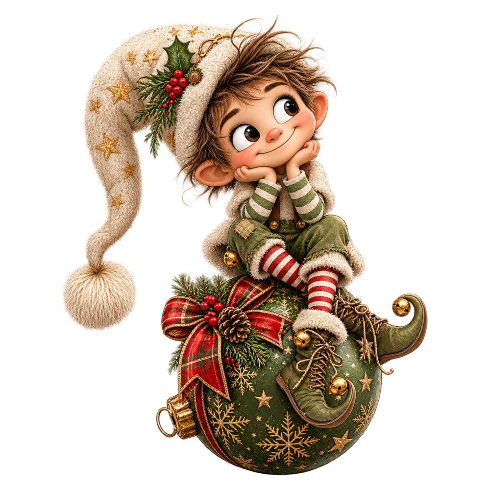 christmas elf, holiday, festive, whimsical, cute character, green, red, cream, gold, striped socks, plaid bow, holly berries, pine branches, stars, snowflakes, curled shoes, ornament bauble, traditional, vintage holiday, children's, playful, magical, seasonal decoration, christmas theme, jolly, cheerful, nostalgic, winter holiday
