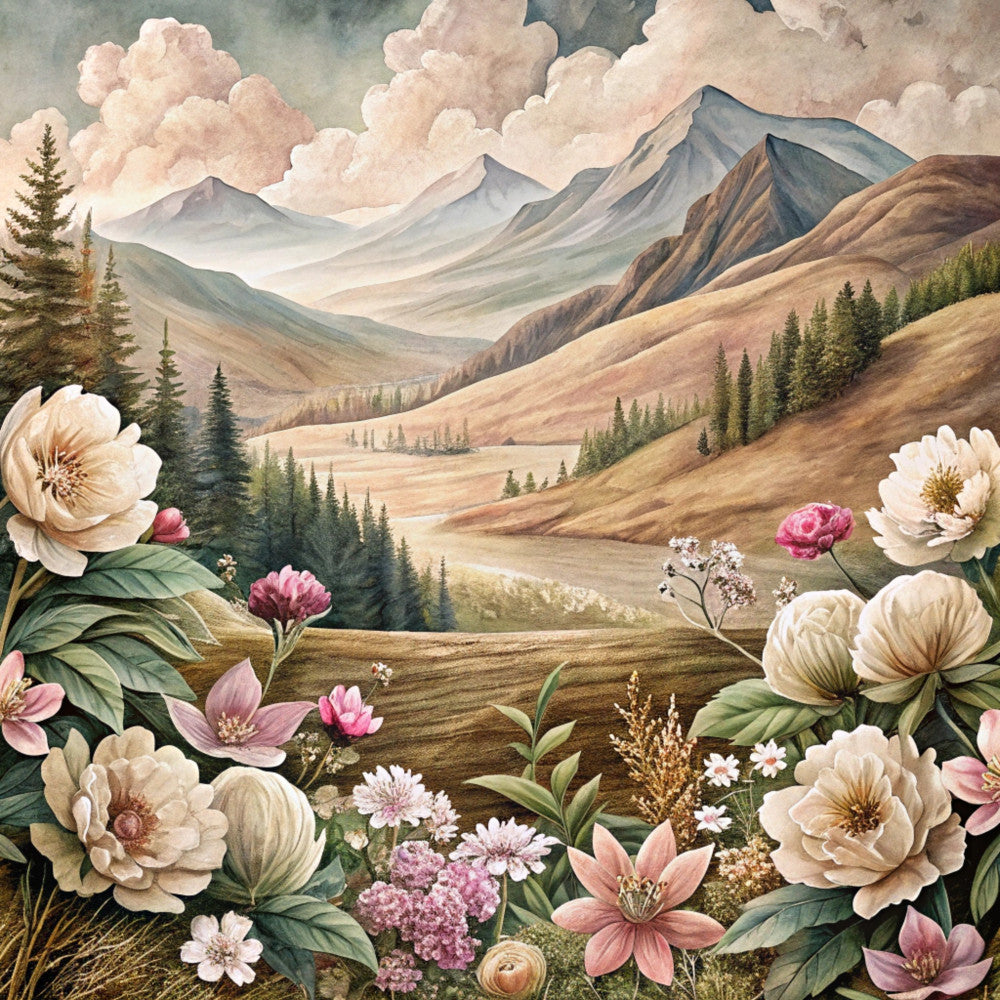 mountain landscape, floral border, cream flowers, pink blossoms, sage green, dusty rose, evergreen trees, rolling hills, cloudy sky, botanical illustration, nature scene, quilting panel, cotton fabric, wilderness theme, alpine meadow, watercolor style, peaceful mood, spring flowers, forest landscape, fabric panel