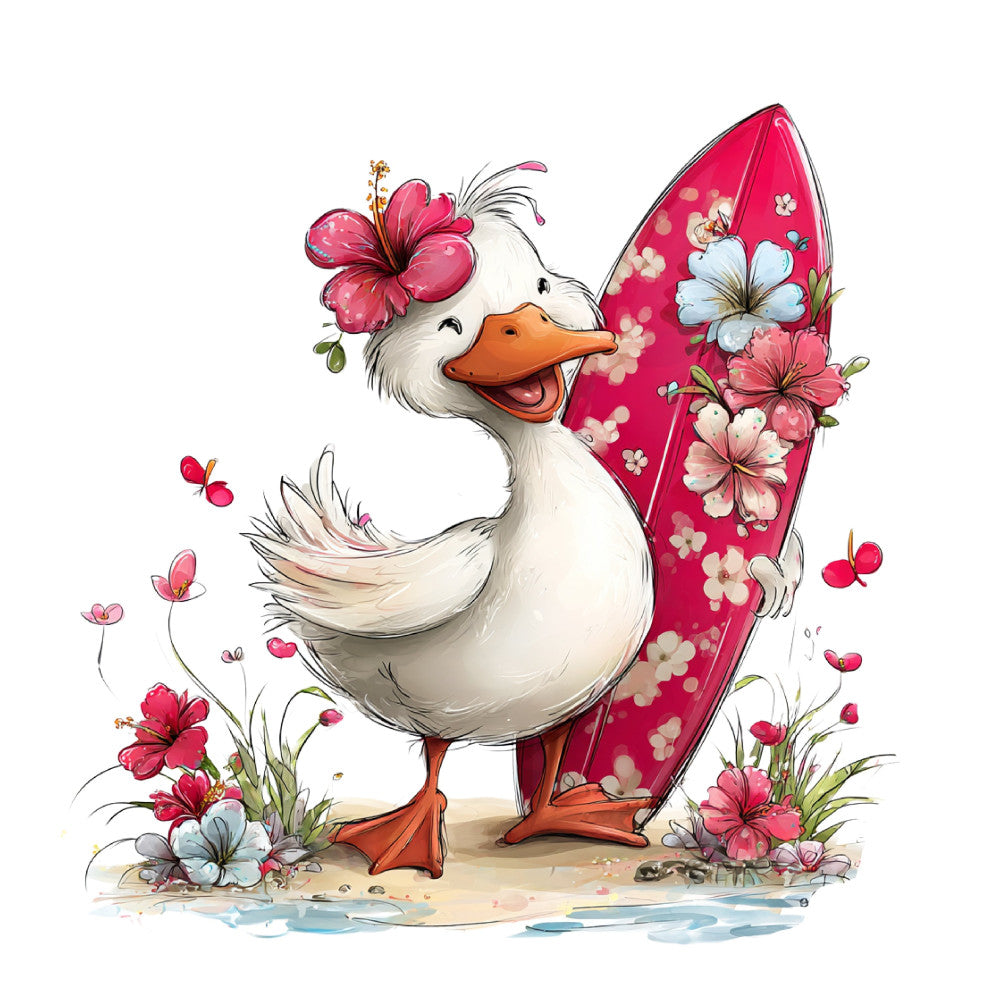 whimsical duck, hot pink, white, coral orange, floral, animals, birds, spring, summer, nature, cute, playful, surfboard, flowers, hibiscus, daisies, cottage core, cheerful, colorful, children's, baby, illustrated, watercolor style, botanical, seaside, beach, fun, vibrant, farmyard