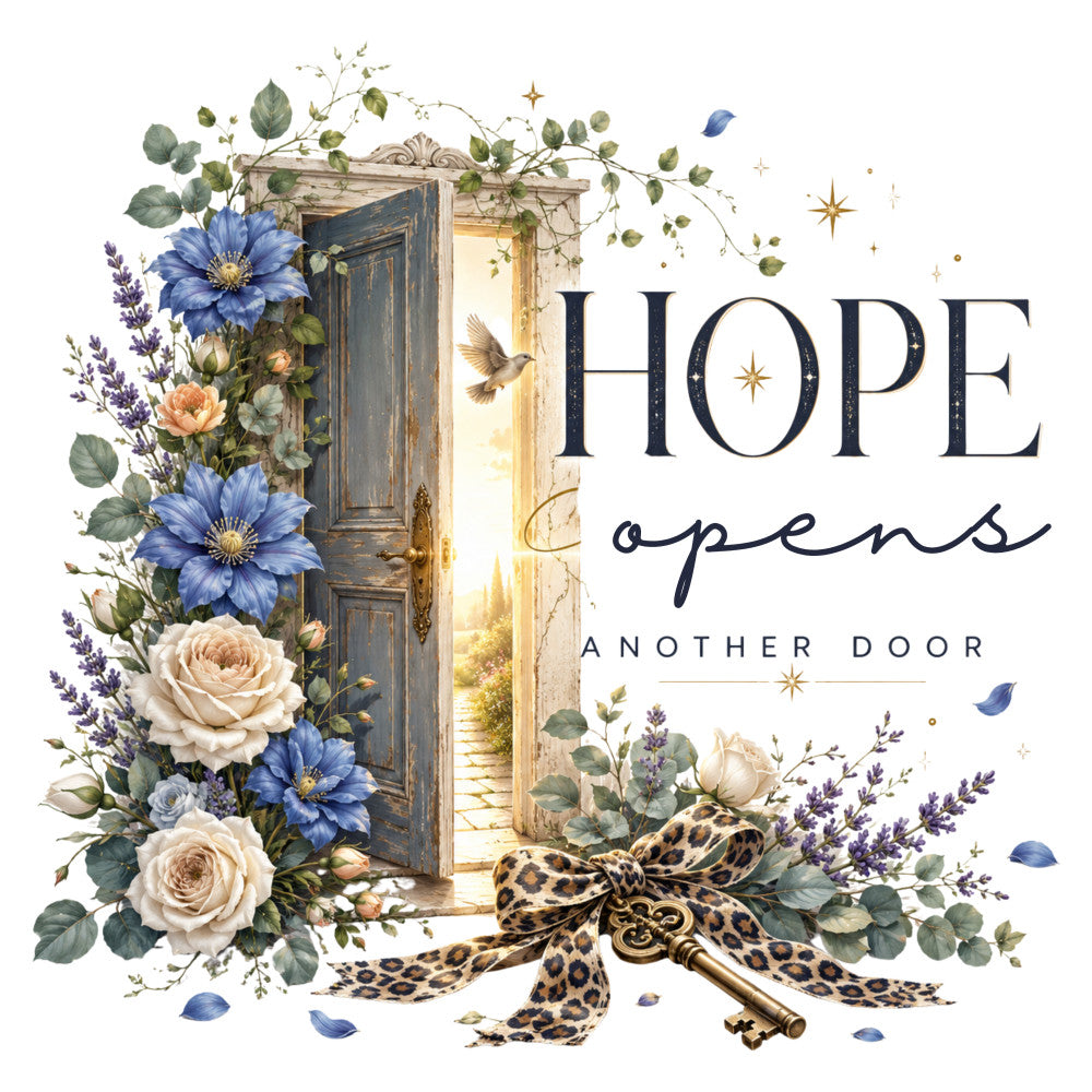 navy blue, cream, gold, lavender, rose, celestial, floral, vintage, elegant, inspirational, door, key, birds, doves, roses, daisies, gerbera daisies, eucalyptus, greenery, leopard print, ribbon bow, stars, sparkles, hope, motivational, botanical, romantic, cottage core, farmhouse, spring