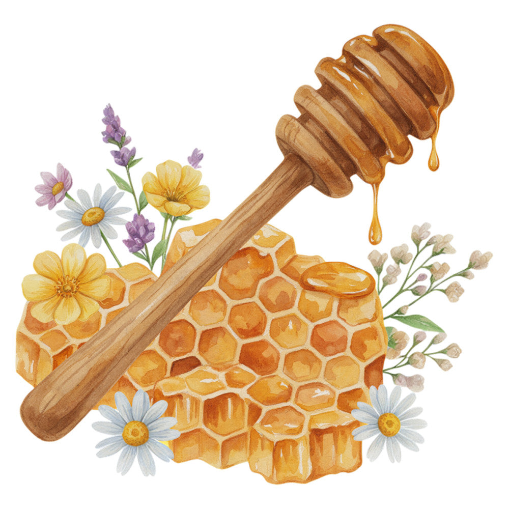 honey, honeycomb, bees, floral, nature, botanical, yellow, gold, golden, lavender, purple, white, cream, daisies, flowers, wildflowers, rustic, whimsical, farmhouse, spring, summer, vintage, honey dipper, sweet, garden, natural, cottage core, watercolor, illustration, decorative