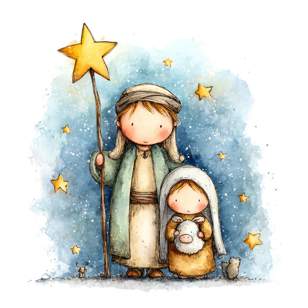 nativity, christmas, winter, celestial, stars, religious, spiritual, nativity scene, mother and child, baby, children, whimsical, storybook, watercolor, soft blue, cream, sage green, gold, warm neutral, gentle, peaceful, holiday, sacred, traditional, vintage, rustic, angelic, spiritual scene, nativity figures