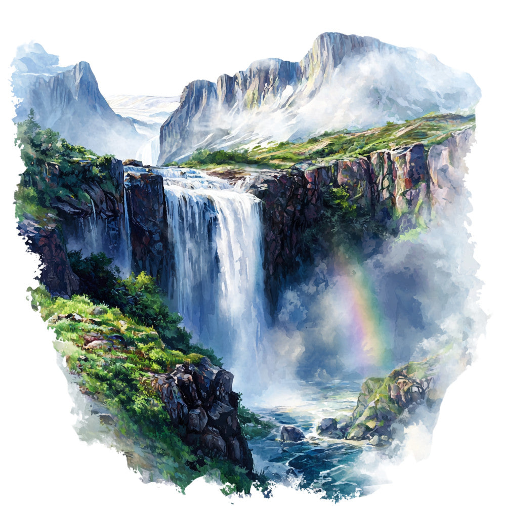 watercolor painting, mountain landscape, waterfall scene, rainbow mist, blue mountains, green foliage, rocky cliffs, nature scenery, nordic landscape, cascade water, misty atmosphere, fabric panel, quilting cotton, scenic vista, outdoor adventure, peaceful wilderness, turquoise water, mossy rocks, dramatic peaks, artistic illustration