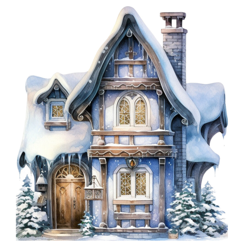 Watercolor Winter Houses Fabric Panel 5