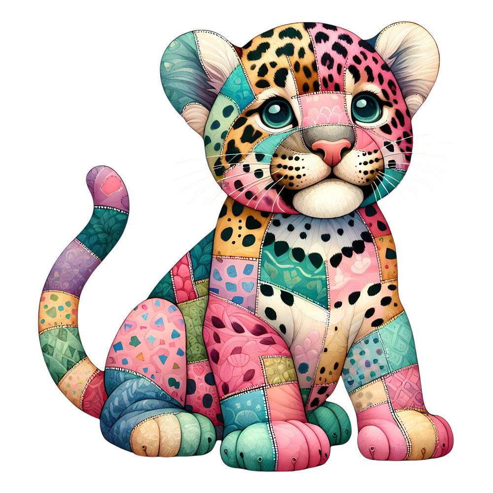 colorful, multicolor, pastel pink, coral pink, turquoise, teal, purple, lavender, cream, beige, leopard print, animal print, spotted, patchwork, geometric, abstract, whimsical, modern, playful, leopard, big cat, wildlife, nature, cute animals, decorative paws, patterned patches, bold colors, vibrant, artistic, children's
