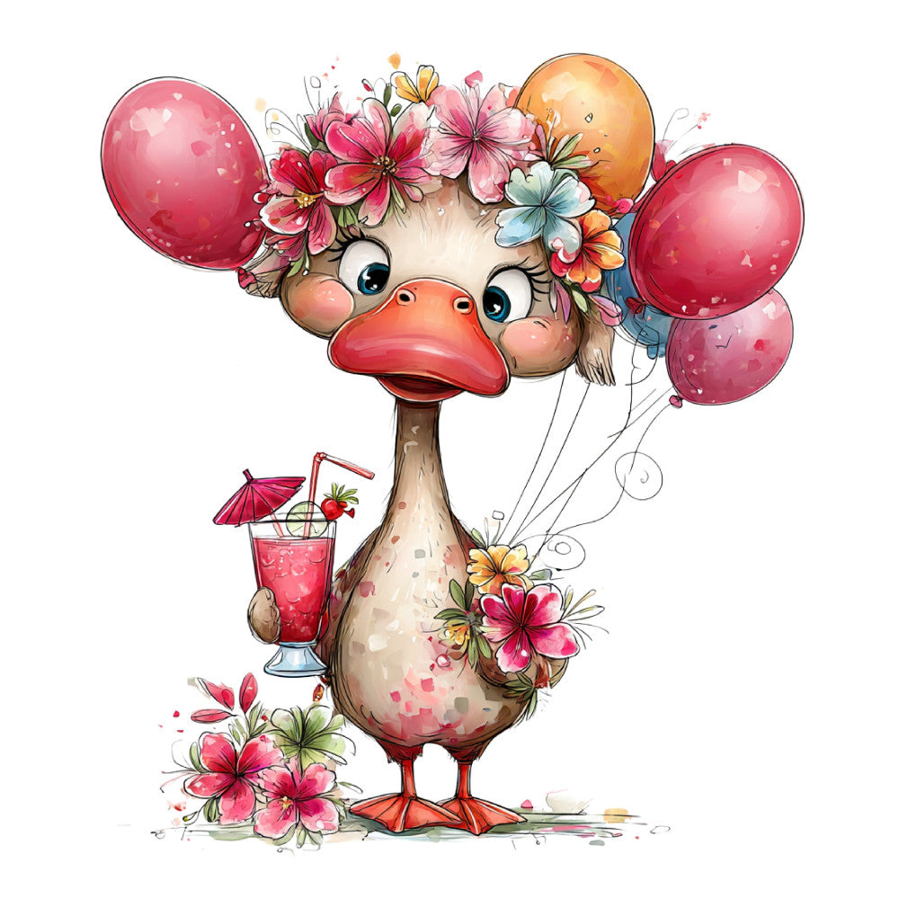 whimsical duck, coral pink, dusty rose, golden orange, floral, animal, bird, spring, summer, celebration, balloons, flowers, colorful, playful, cute, cheerful, nature, botanical, party theme, festive, children's, nursery, baby, decorative, feminine, vibrant, illustrated, cartoon style, patterned