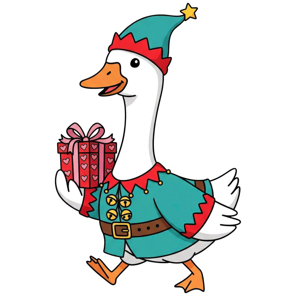teal, red, orange, white, gold, brown, duck, goose, elf, christmas, holiday, festive, whimsical, playful, gift box, hearts, star, jingle bells, santa's helper, winter, cheerful, character panel, children's, decorative, animal, jolly, merry, storybook, novelty, seasonal