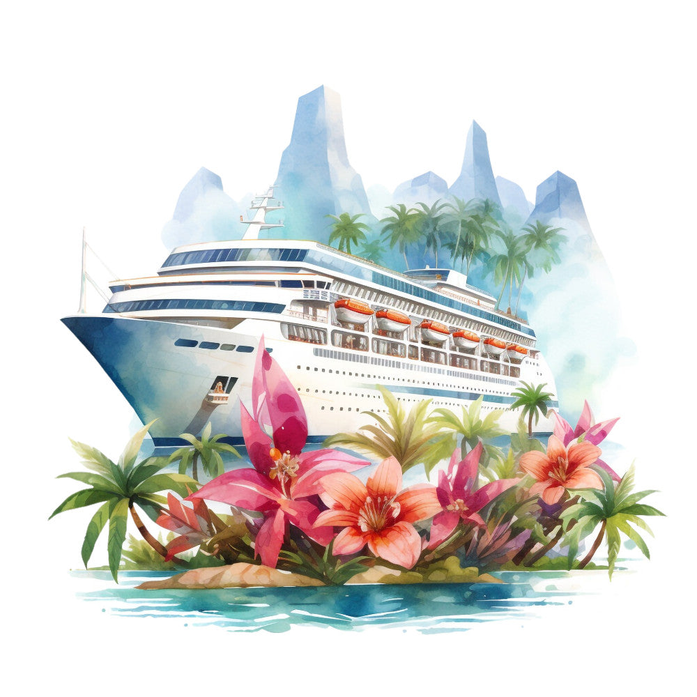 cruise ship, tropical paradise, watercolor style, blue ocean, pink hibiscus, coral flowers, palm trees, mountainous islands, white vessel, orange lifeboats, turquoise water, green foliage, scenic landscape, vacation theme, fabric panel, quilting cotton, nautical design, island getaway, floral elements, maritime adventure