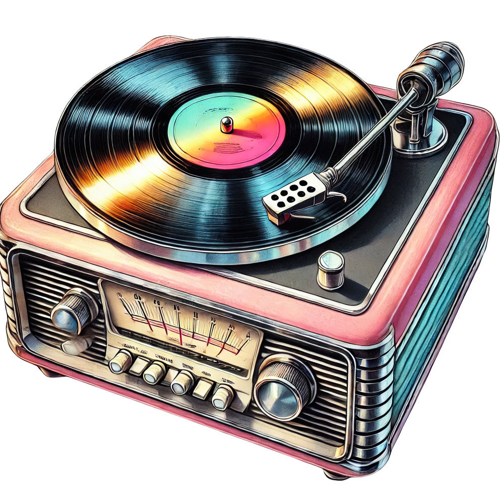 vintage record player, retro turntable, coral pink, hot pink, teal blue, golden yellow, black vinyl, 1950s style, mid-century modern, nostalgic music, music themed, retro radio, whimsical, pastel colors, sunset gradient, mechanical details, music lover gift, nostalgic design, vintage electronics, retro kitchen, home decor, wall art, music room, dj themed, analog music, colorful gradient, metallic accents, fun and playful, retro aesthetic