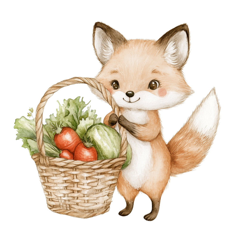 cute fox, woodland animals, forest green, cream, tan, brown, rust red, tomato red, lettuce green, whimsical, nursery, baby, children's, farm fresh, farmhouse, vegetables, basket, garden, nature, spring, summer, illustration, storybook, adorable, animal characters, country, rustic, pastoral, kawaii, sweet