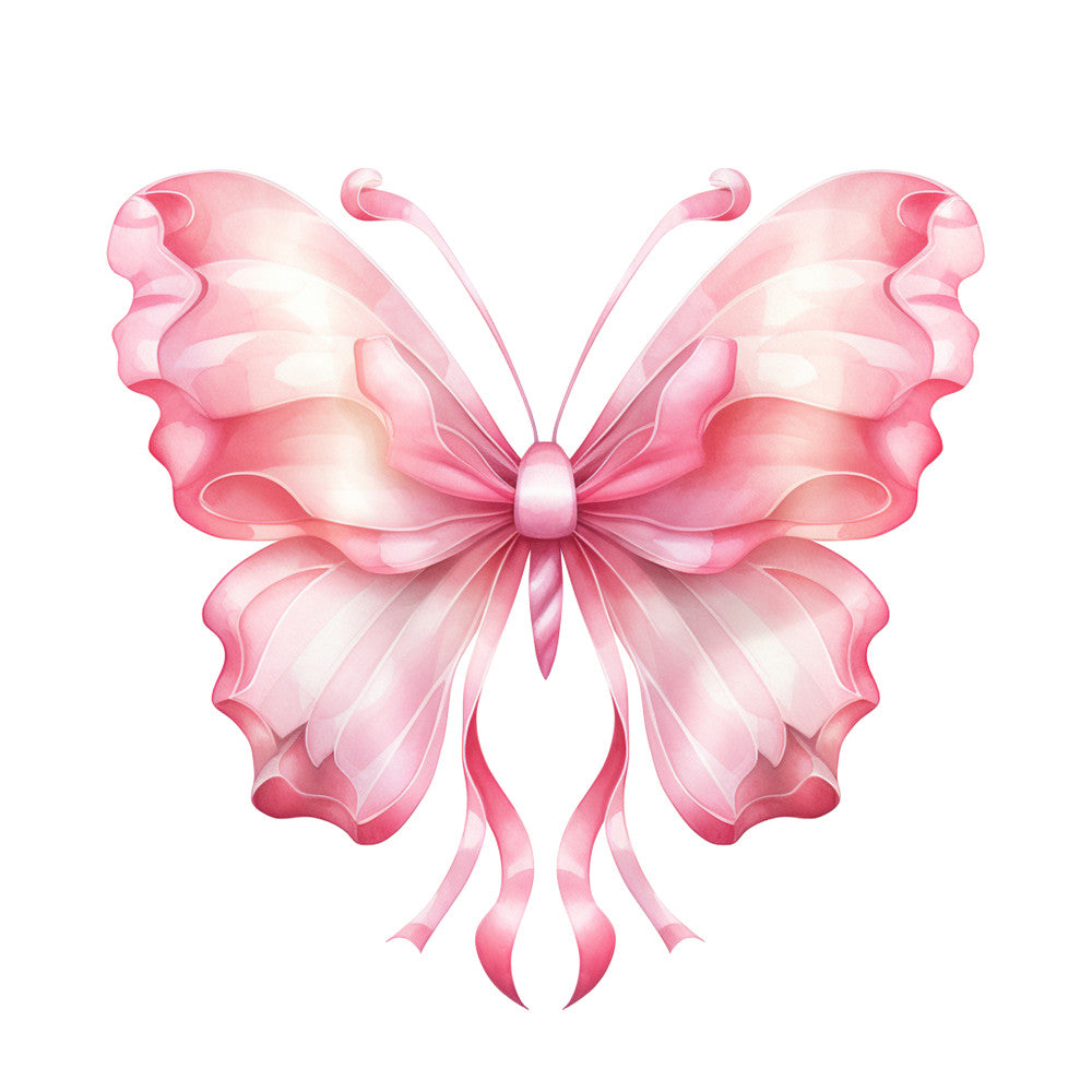 pink butterfly, soft pink, blush pink, rose pink, watercolor style, delicate wings, flowing ribbons, breast cancer awareness, hope symbol, graceful design, fabric panel, quilting cotton, gentle gradient, translucent wings, feminine motif, supportive theme, artistic illustration, flowing antennae, ribbon tails, healing imagery