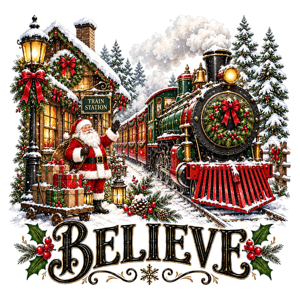 christmas, santa, train, vintage, holiday, festive, winter, snow, red, green, gold, cream, forest green, holly, wreaths, bows, red bows, evergreen, snowy landscape, traditional, nostalgic, whimsical, elegant, steampunk train, locomotive, gift boxes, presents, lanterns, magical, believe