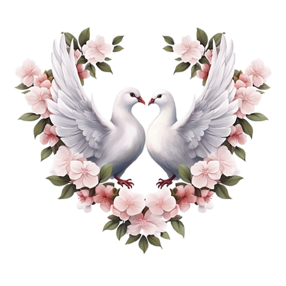 Spring White Doves Fabric Panel 7 featuring two white doves with raised wings surrounded by soft pink flowers and green leaves.