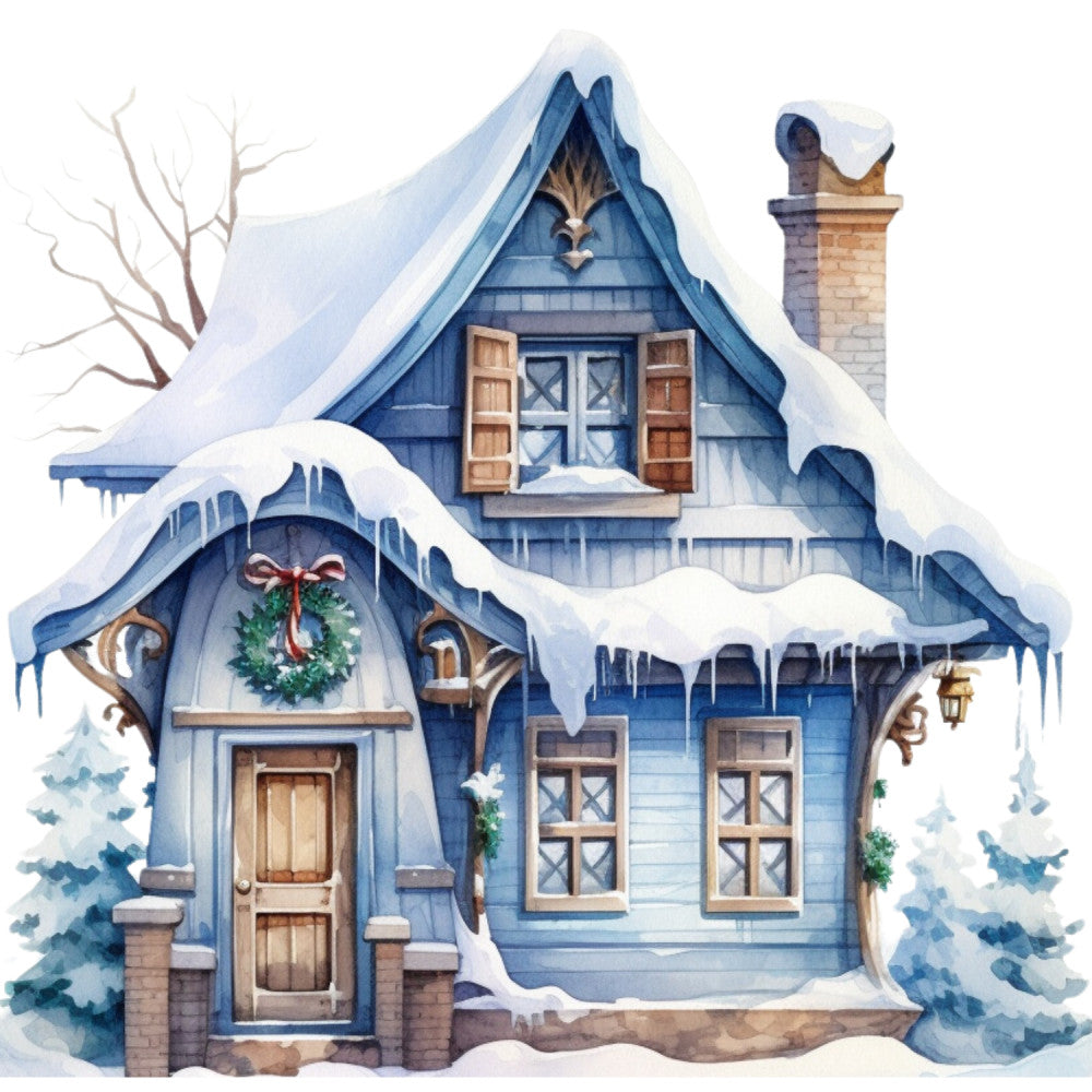 Watercolor Winter Houses Fabric Panel 7