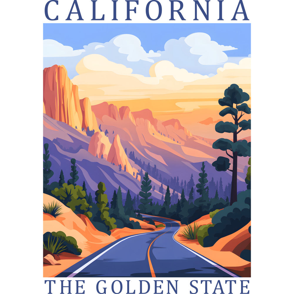 california poster, golden state, vintage travel, scenic landscape, mountain vista, winding road, pine trees, sunset colors, orange cliffs, purple mountains, blue sky, white clouds, fabric panel, quilting cotton, retro illustration, national park, desert highway, warm palette, travel theme, scenic route