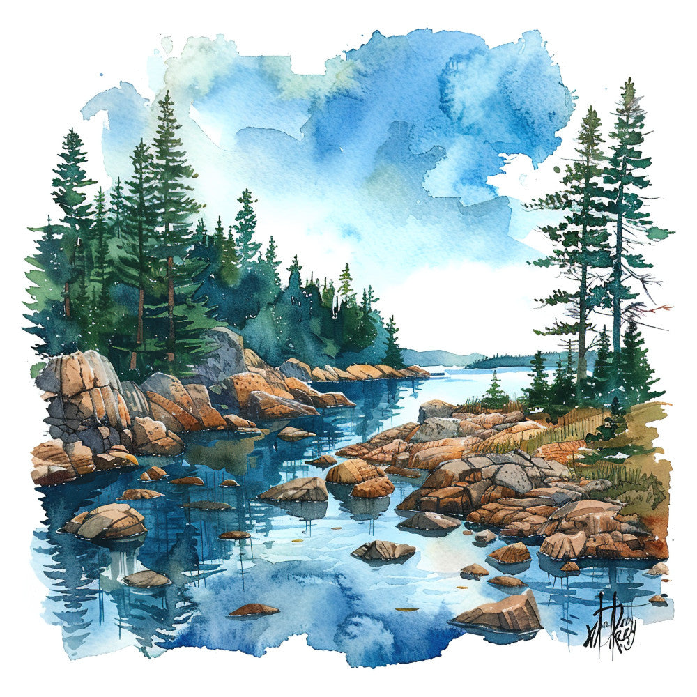 forest green, sky blue, navy blue, tan, brown, golden brown, watercolor, landscape, nature, trees, evergreen, pine trees, lake, water, rocks, mountains, scenic, wilderness, rustic, peaceful, calm, serene, outdoor, cabin, lodge, hiking, camping, contemplative, autumn, fall colors