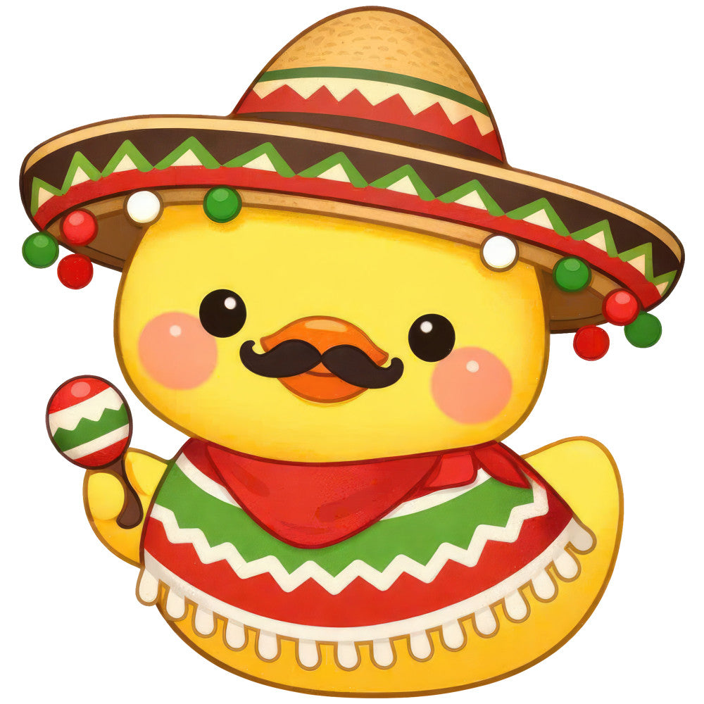 bright yellow, red, green, cream, orange, sombrero, mexican, fiesta, festive, cute character, whimsical, folk art, holiday, cinco de mayo, cheerful, playful, decorative ornaments, maracas, mustache, rosy cheeks, geometric patterns, striped, embellished, colorful, fun, children's, novelty, wall hanging, baby quilt