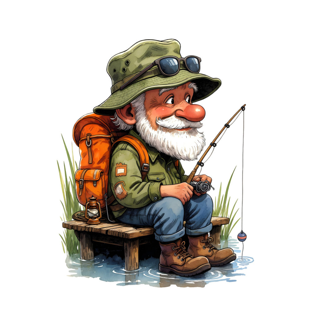 fishing, fisherman, gnome, dwarf, whimsical, outdoor adventure, nature, rustic, vintage, folk art, character panel, camping, water, pond, earth tones, orange, olive green, tan, blue, white, beige, boots, backpack, fishing rod, lantern, cottage core, storybook, illustration, humorous, leisure