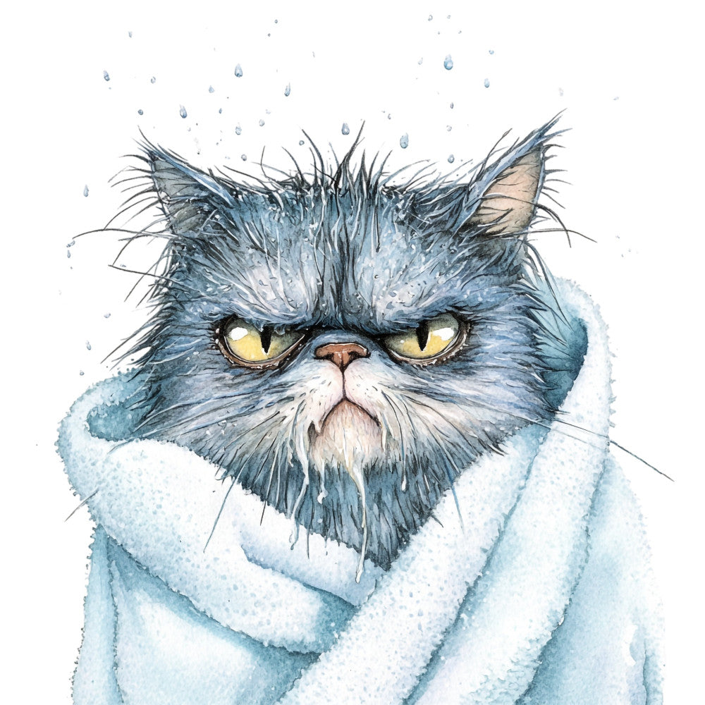 wet cat, grumpy cat, blue grey, slate blue, watercolor, animal portrait, cat face, feline, fluffy cat, yellow eyes, wrapped in towel, bathing, funny cat, humorous, whimsical, contemporary, illustrative, persian cat, long-haired cat, water droplets, wet fur, grumpy expression, cat lover, pet themed, animal illustration, modern art style, blue tones, neutral background, quirky, charming