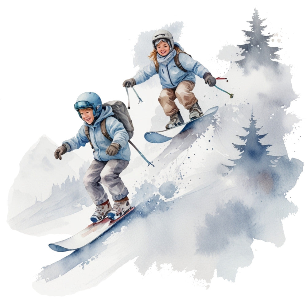 watercolor style, skiing scene, winter sports, blue tones, soft pastels, snowy landscape, evergreen trees, two skiers, powder snow, mountain scene, fabric panel, quilting cotton, winter theme, outdoor adventure, cold weather clothing, ski equipment, pine trees, misty background, athletic activity, recreational skiing