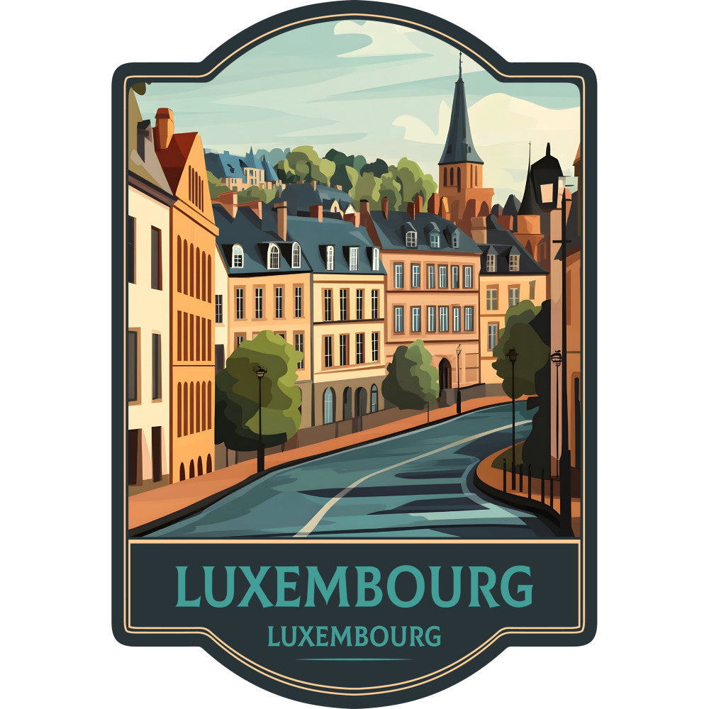 luxembourg, travel, european architecture, cityscape, vintage travel poster, art deco, terracotta, burnt orange, cream, soft blue, teal, forest green, charcoal grey, scenic, historic buildings, church spires, street scene, elegant, sophisticated, retro, nostalgic, wanderlust, destination, landmarks, wall hanging, decorative panel, travel themed, cultural, old world charm, architectural