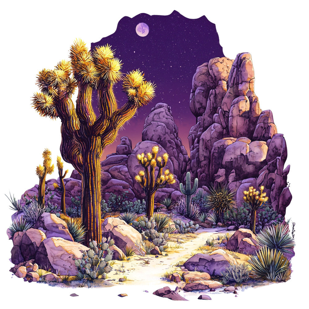 desert landscape, joshua trees, purple rocks, starry night sky, full moon, cactus plants, sandy path, twilight colors, lavender hues, golden yellow, fabric panel, southwestern scene, desert flora, rock formations, night scene, quilting cotton, nature motif, desert wilderness, moonlit landscape