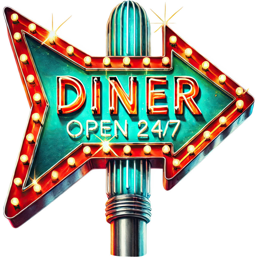 retro diner, vintage neon, turquoise, red, gold, yellow, arrow sign, neon lights, mid-century modern, 1950s, retro aesthetic, americana, kitsch, nostalgic, diner culture, neon sign, illuminated, bold graphics, roadside americana, retro kitchen, vintage advertising, glowing lights, chrome accents, art deco, classic diner, whimsical, eclectic, pop art, novelty print